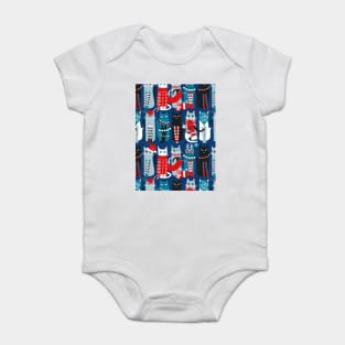 Feline Christmas vibes // pattern // blue background blue white and black kittens Baby Bodysuit